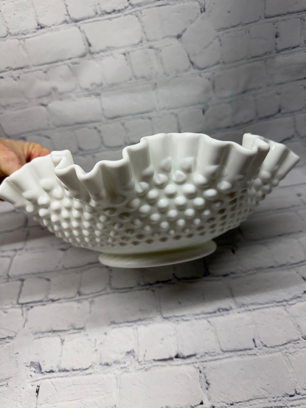 Large Fenton Milk Glass White Hobnail Ruffle Crimped Centerpiece Candy Bowl